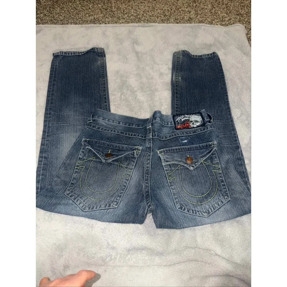 True Religion Billy Jeans Men’s 38 Skull Roses Horseshoe Blue Denim